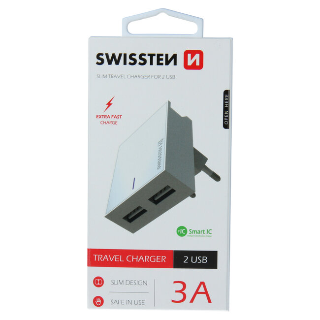 Swissten USB Oplader met 2 USB Poorten - Smart IC - 15W - Wit