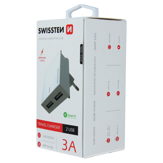 Swissten USB Oplader met 2 USB Poorten - Smart IC - 15W - Wit