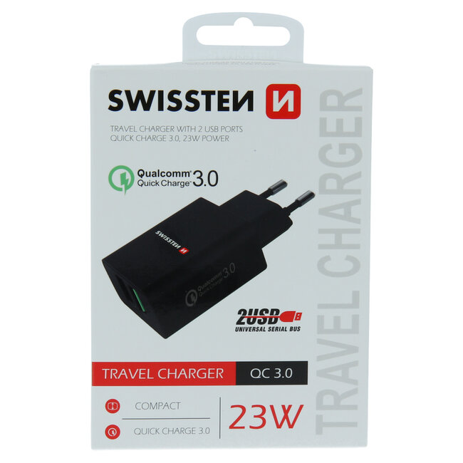 Swissten Snellader 2 USB poorten - 23W - Zwart