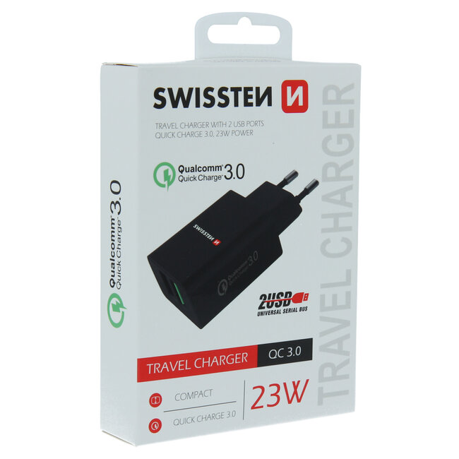 Swissten Snellader 2 USB poorten - 23W - Zwart
