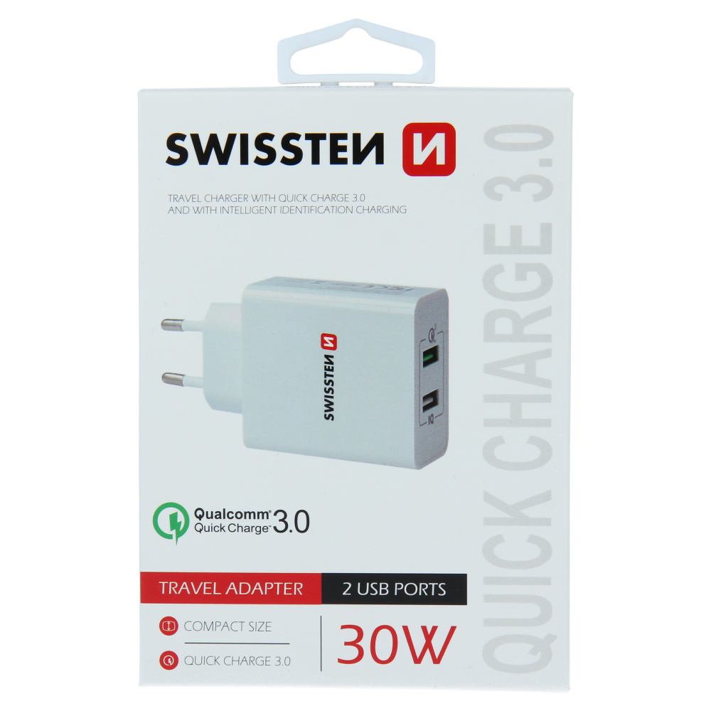 Swissten Snellader - 2 USB poorten - Smart IC - Quick Charge 3.0 - 30W - Wit