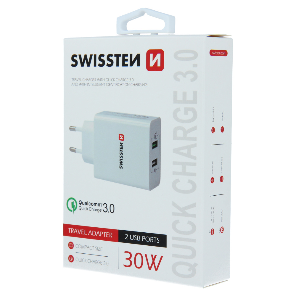 Swissten Snellader - 2 USB poorten - Smart IC - Quick Charge 3.0 - 30W - Wit