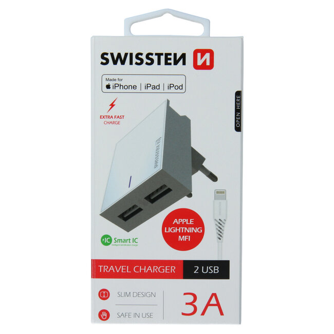 Swissten USB Oplader met 2 USB poorten - Inclusief Apple gecertificeerde 1.2M Lightning naar USB-kabel - 15W - Wit