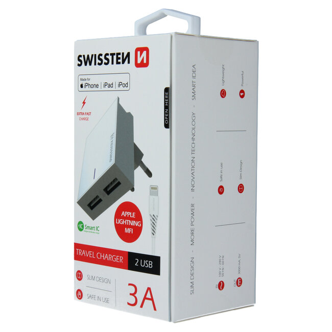 Swissten USB Oplader met 2 USB poorten - Inclusief Apple gecertificeerde 1.2M Lightning naar USB-kabel - 15W - Wit