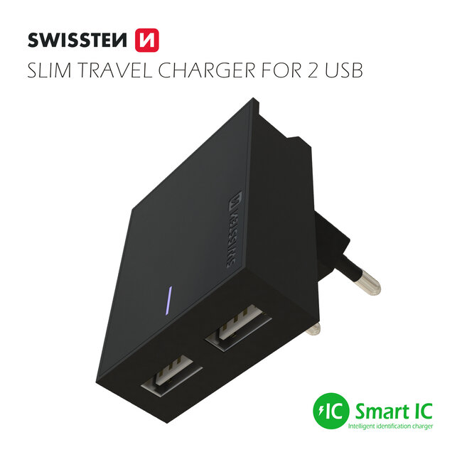 Swissten USB Oplader met 2 USB poorten - Inclusief Apple gecertificeerde 1.2M Lightning naar USB-kabel - 15W - Zwart