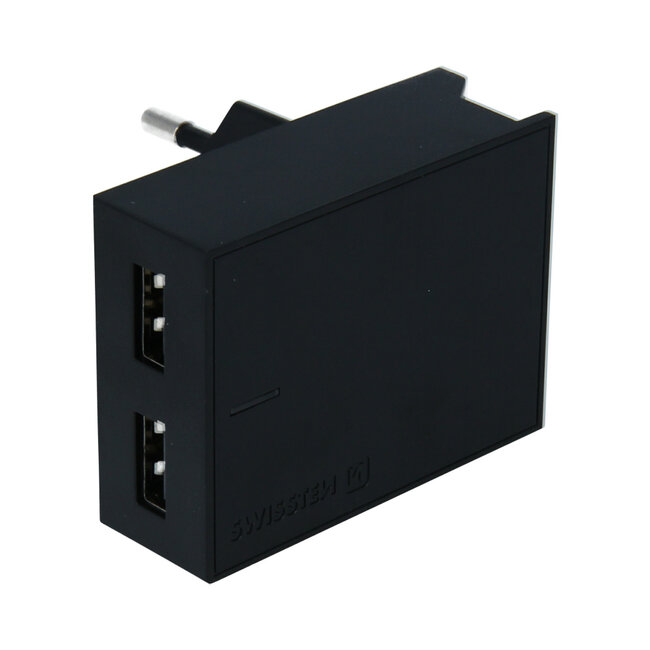 Swissten USB Oplader met 2 USB poorten - Inclusief Apple gecertificeerde 1.2M Lightning naar USB-kabel - 15W - Zwart