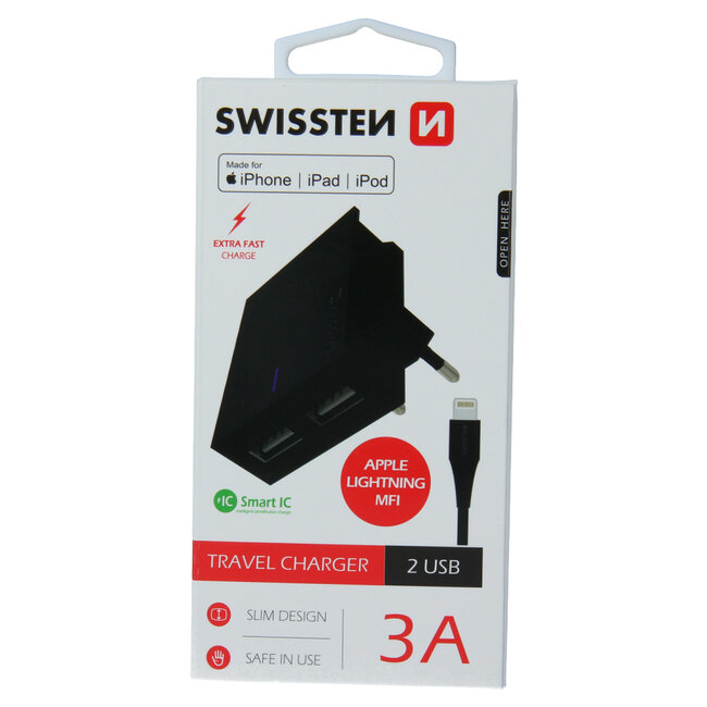 Swissten USB Oplader met 2 USB poorten - Inclusief Apple gecertificeerde 1.2M Lightning naar USB-kabel - 15W - Zwart