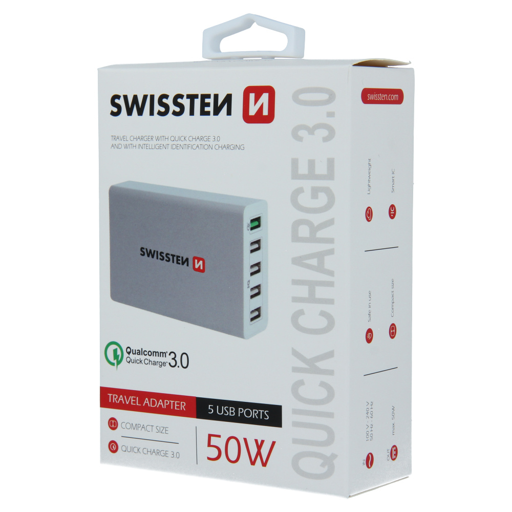 Swissten Thuislader 5 USB Poorten - Quick Charge 3.0 - Smart IC - 50W - Wit