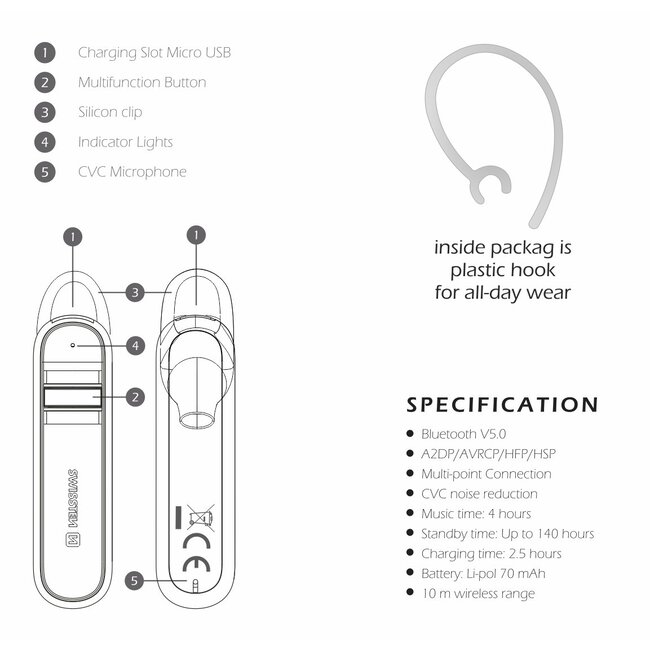 Swissten Draadloze Headset - Bluetooth 5.0 - Noise reduction - Wit