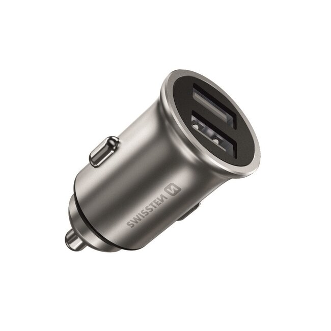 Swissten Mini Autolader - 2 USB-poorten - 4.8A - 24W - Zilver
