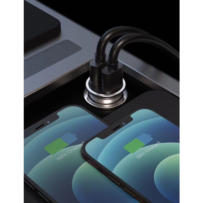 Swissten Mini Autolader - 2 USB-poorten - 4.8A - 24W - Zilver