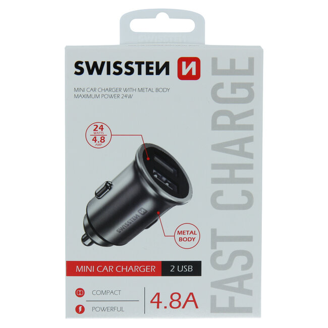 Swissten Mini Autolader - 2 USB-poorten - 4.8A - 24W - Zilver