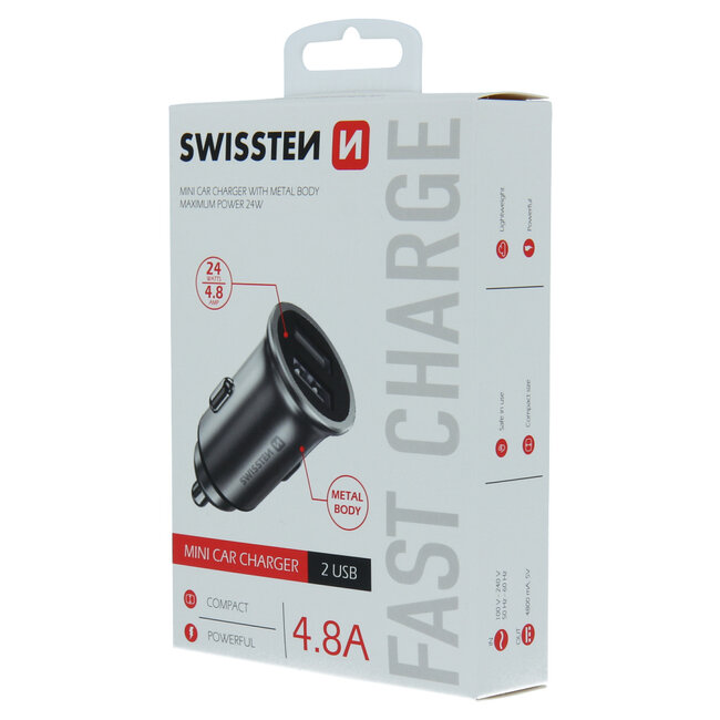Swissten Mini Autolader - 2 USB-poorten - 4.8A - 24W - Zilver