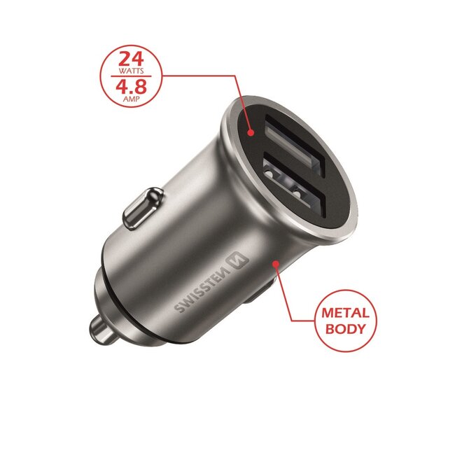 Swissten Mini Autolader - 2 USB-poorten - 4.8A - 24W - Zilver