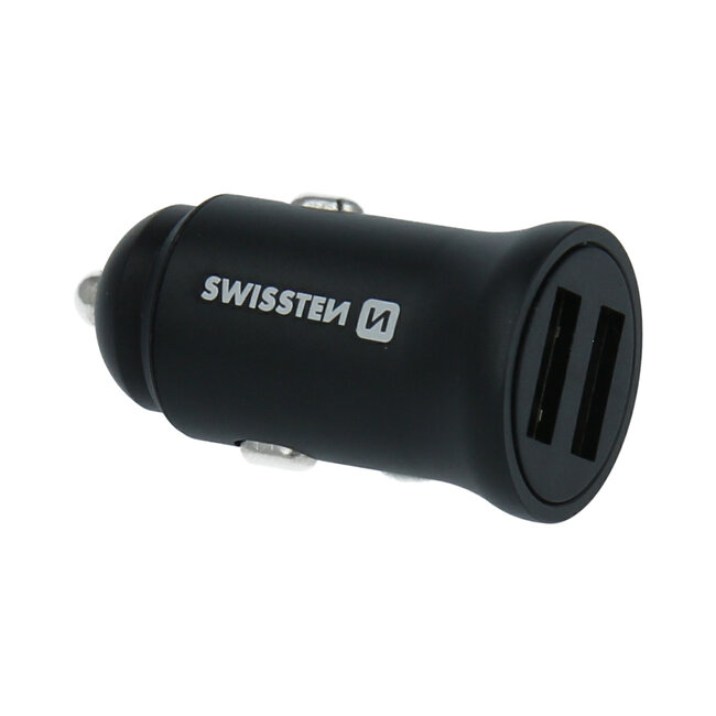 Swissten Mini Autolader - 2-USB poorten - 4.8A - 24W - Zwart