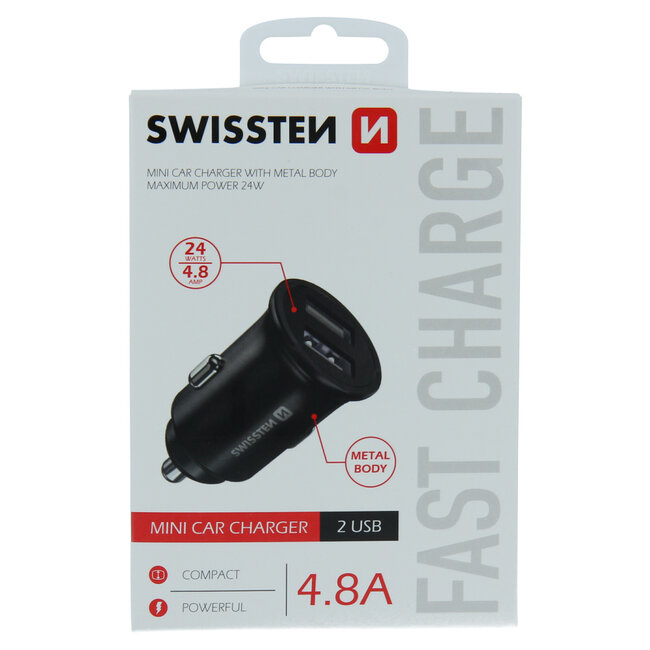 Swissten Mini Autolader - 2-USB poorten - 4.8A - 24W - Zwart