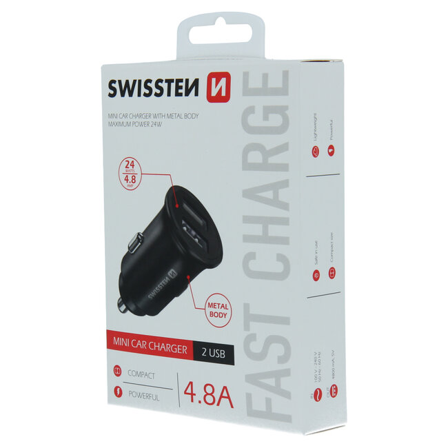 Swissten Mini Autolader - 2-USB poorten - 4.8A - 24W - Zwart