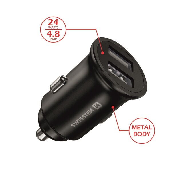 Swissten Mini Autolader - 2-USB poorten - 4.8A - 24W - Zwart