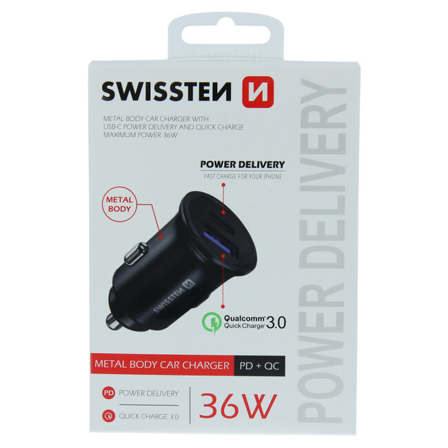 Swissten Autolader - 2 poorten - Snellader - 36W - USB 3.0 Quick Charge & USB-C - Zwart