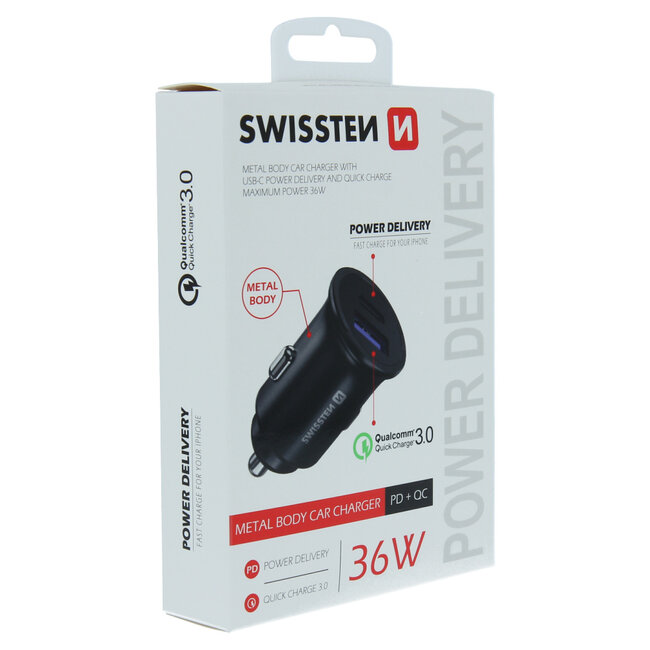 Swissten Autolader - 2 poorten - Snellader - 36W - USB 3.0 Quick Charge & USB-C - Zwart