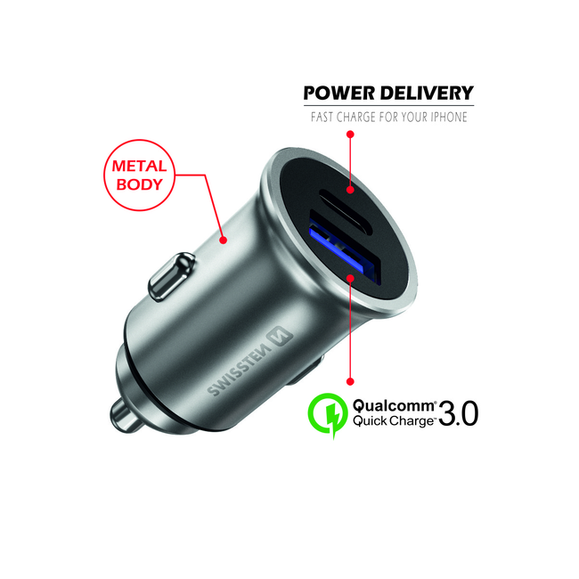 Swissten Autolader - 2 poorten - Snellader - 36W - USB 3.0 Quick Charge & USB-C - Zilver