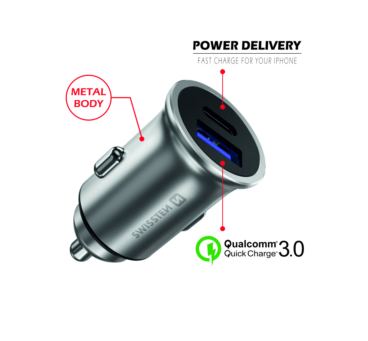Swissten Autolader - 2 poorten - Snellader - 36W - USB 3.0 Quick Charge & USB-C - Zilver