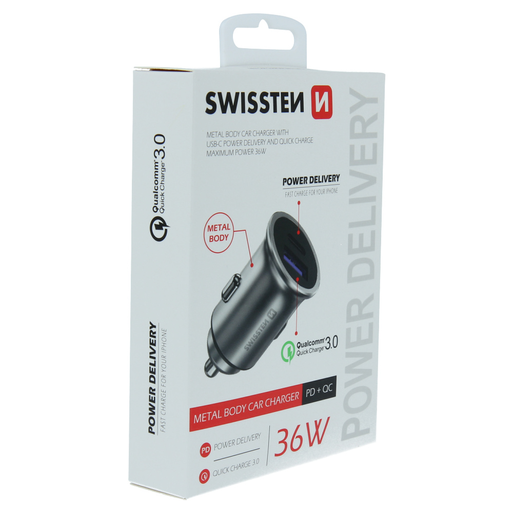 Swissten Autolader - 2 poorten - Snellader - 36W - USB 3.0 Quick Charge & USB-C - Zilver