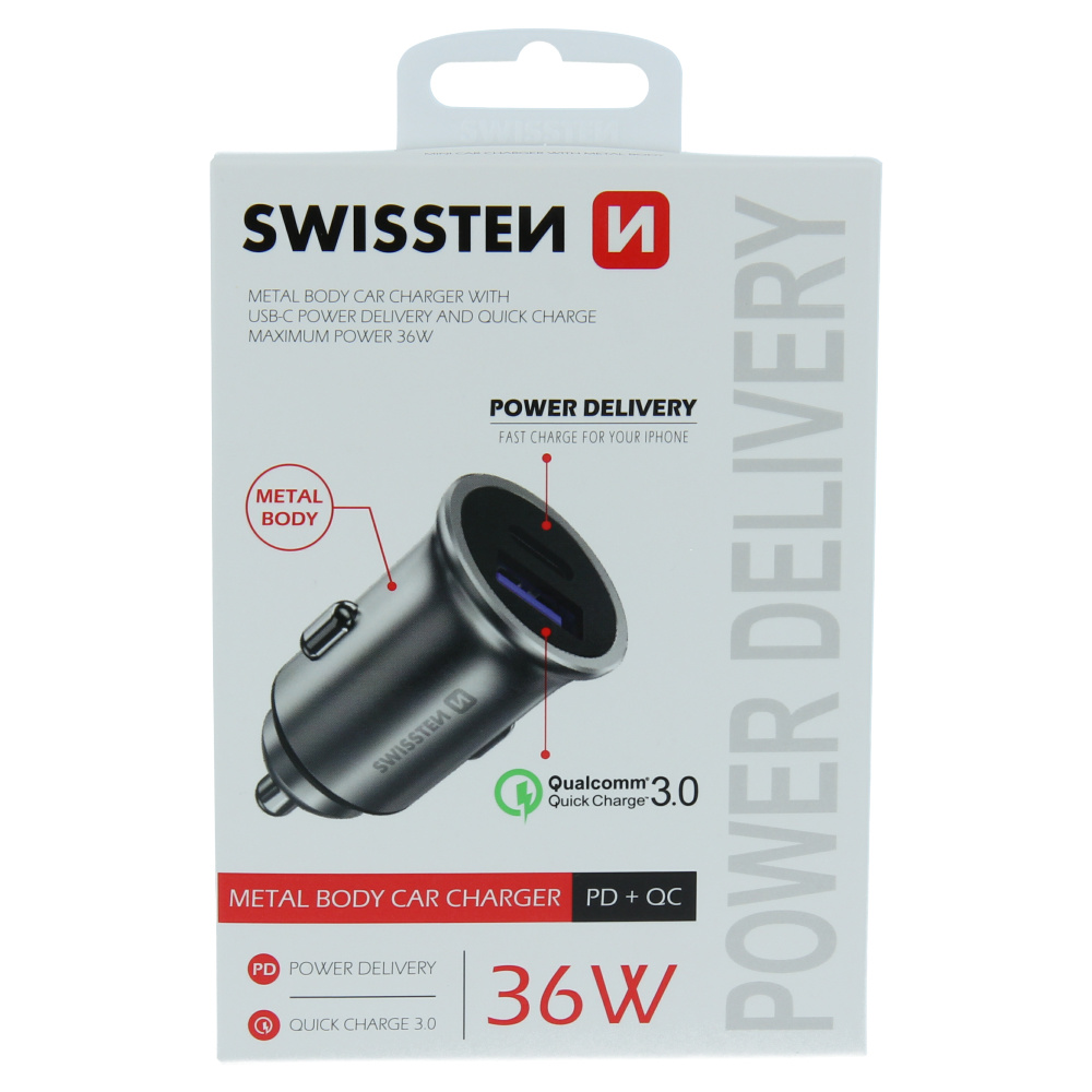 Swissten Autolader - 2 poorten - Snellader - 36W - USB 3.0 Quick Charge & USB-C - Zilver