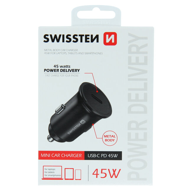 Swissten Autolader - USB-C Snellader voor smartphones, tablets en laptops - 45W - Zwart