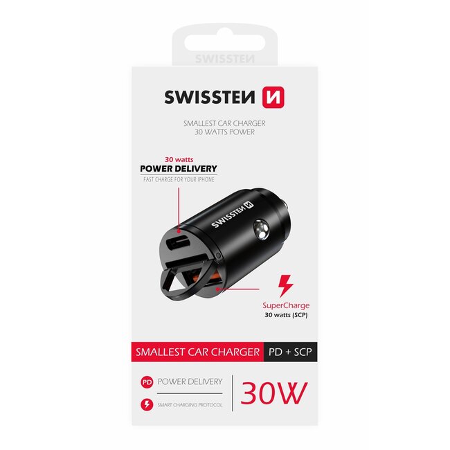 Swissten Autolader - 2 poorten - Snellader - 30W - USB & USB-C Quick Charge - Zwart