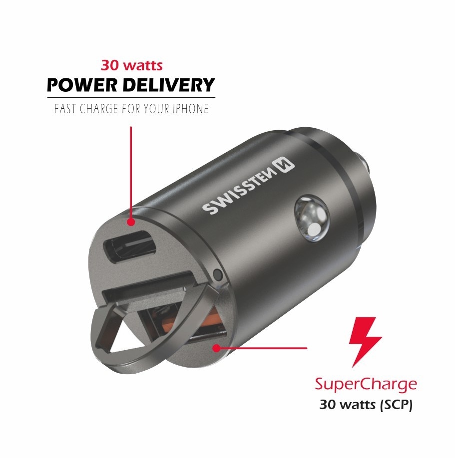 Swissten Autolader - 2 poorten - Snellader - 30W - USB & USB-C Quick Charge - Zilver