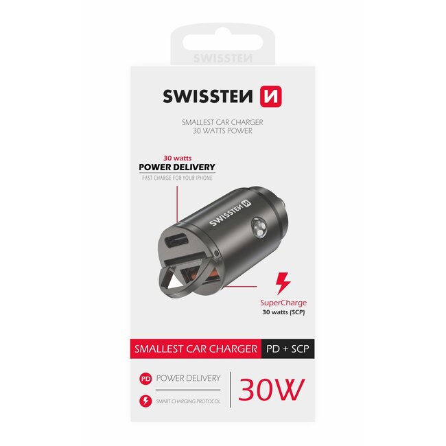 Swissten Autolader - 2 poorten - Snellader - 30W - USB & USB-C Quick Charge - Zilver