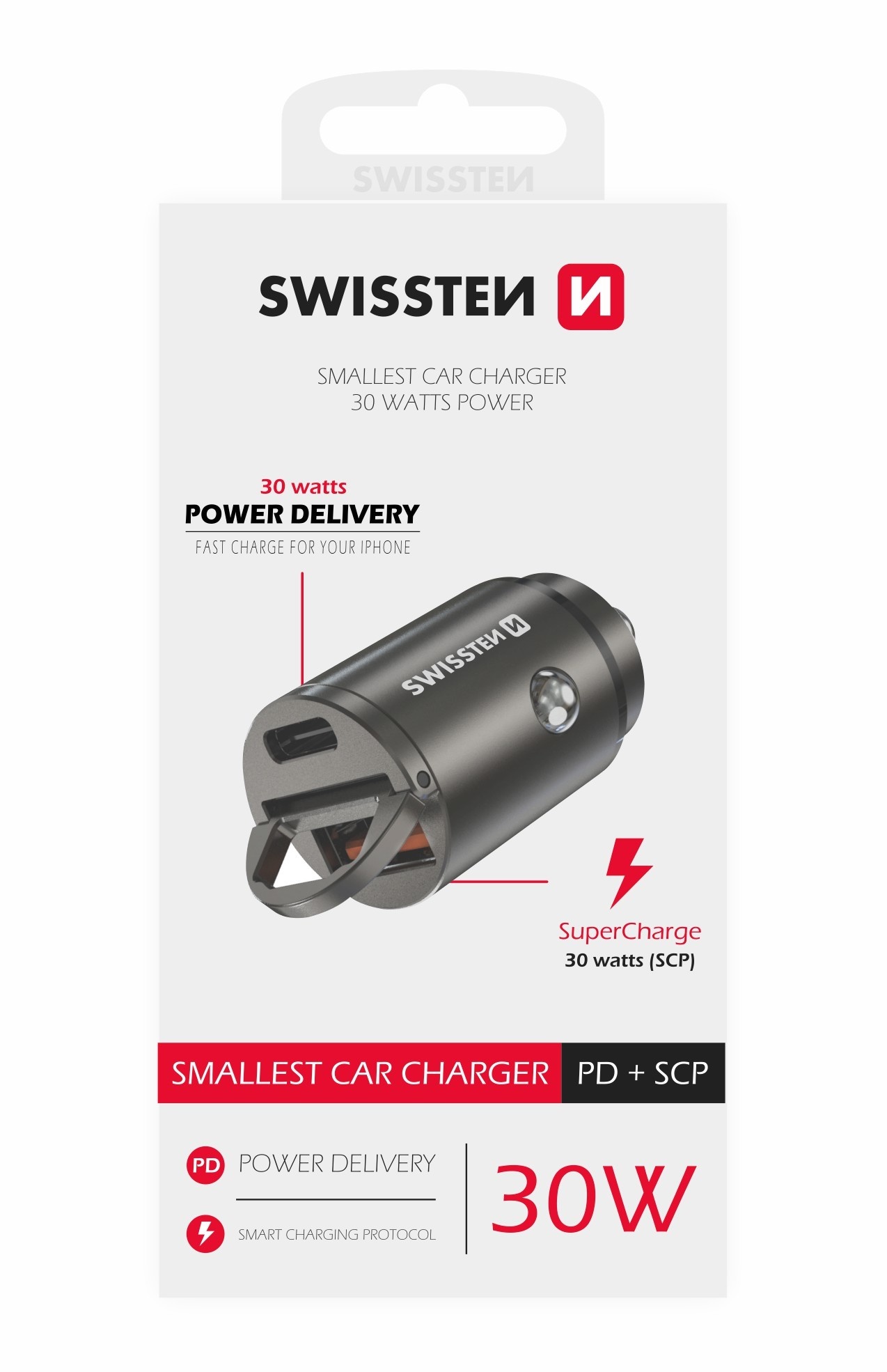 Swissten Autolader - 2 poorten - Snellader - 30W - USB & USB-C Quick Charge - Zilver