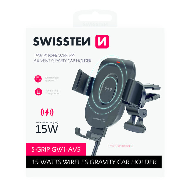 Swissten S-GRIP GW1-AV5 Telefoonhouder Auto - 15W draadloze oplader - Ventilatierooster - Zwart