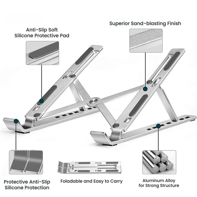 Swissten Laptopstandaard - t/m 15.6 inch laptops - Ergonomisch - Verstelbaar en Opvouwbaar - Aluminium - Zilver
