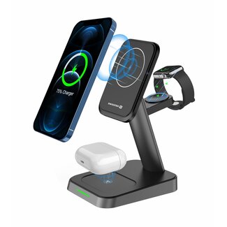 Swissten Swissten 3 in 1 Draadloze Oplader - MagSafe standaard - voor iPhone, Airpods en Apple Watch - 22.5W - Zwart