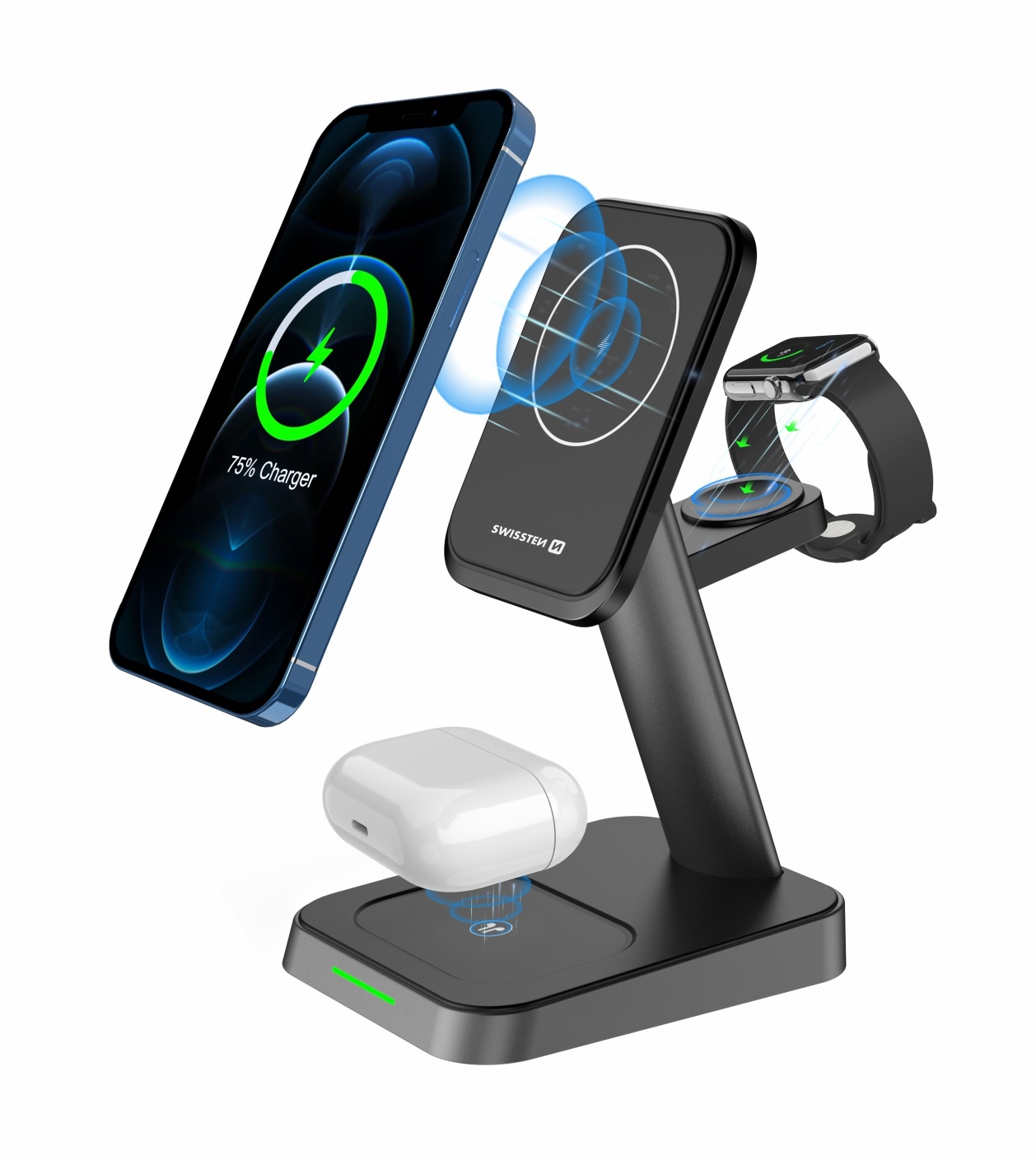 Swissten 3 in 1 Draadloze Oplader - MagSafe standaard - voor iPhone, Airpods en Apple Watch - 22.5W - Zwart