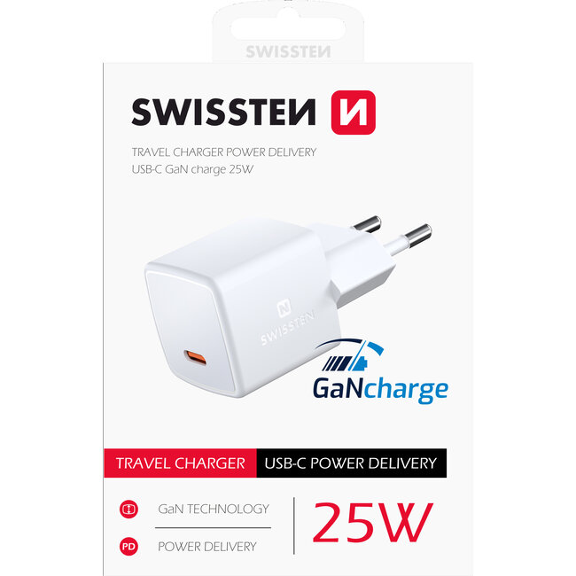 Swissten USB-C Snellader - GaN technologie - 25W - Wit