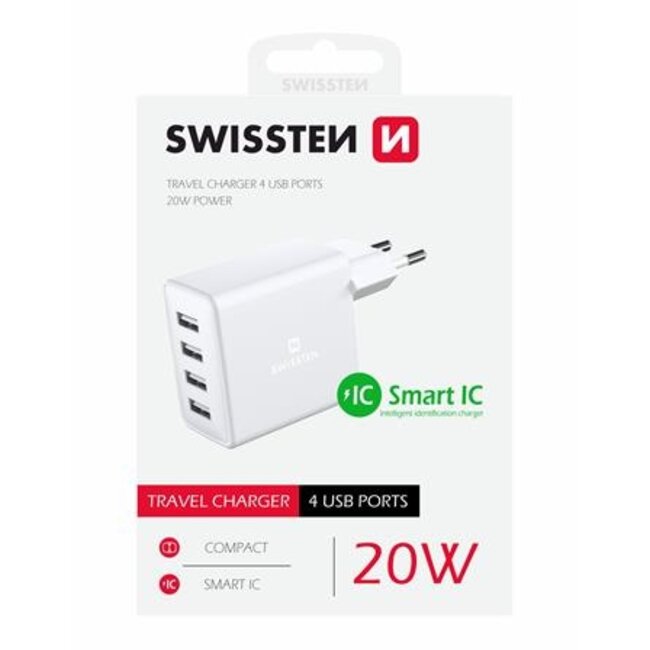 Swissten USB Oplader met 4 USB Poorten - 20W - Wit