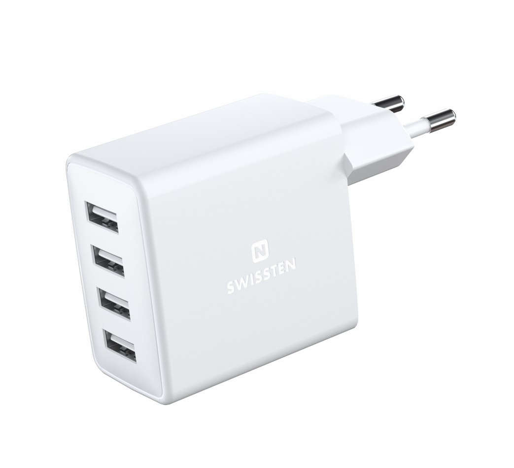 Swissten USB Oplader met 4 USB Poorten - 20W - Wit
