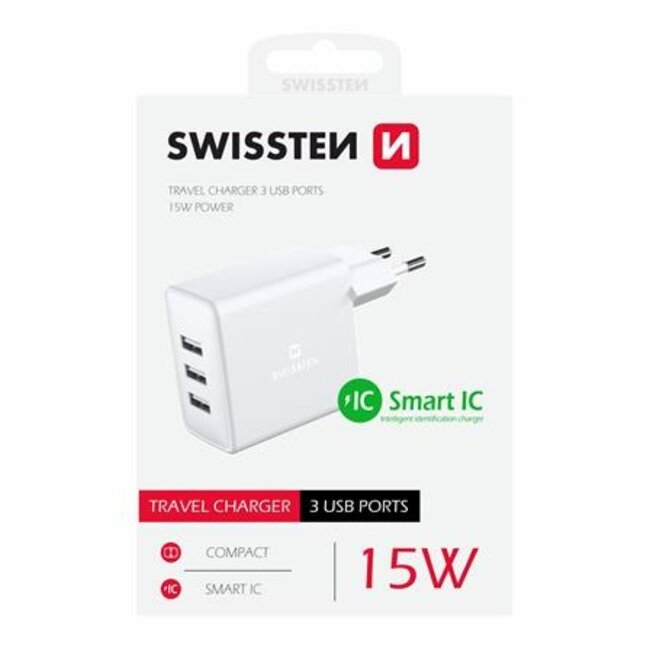 Swissten USB Oplader met 3 USB Poorten - 15W - Wit