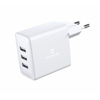Swissten Swissten USB Oplader met 3 USB Poorten - 15W - Wit