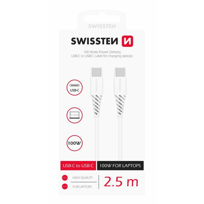 Swissten USB-C naar USB-C kabel - 2.5M - 100W - Wit