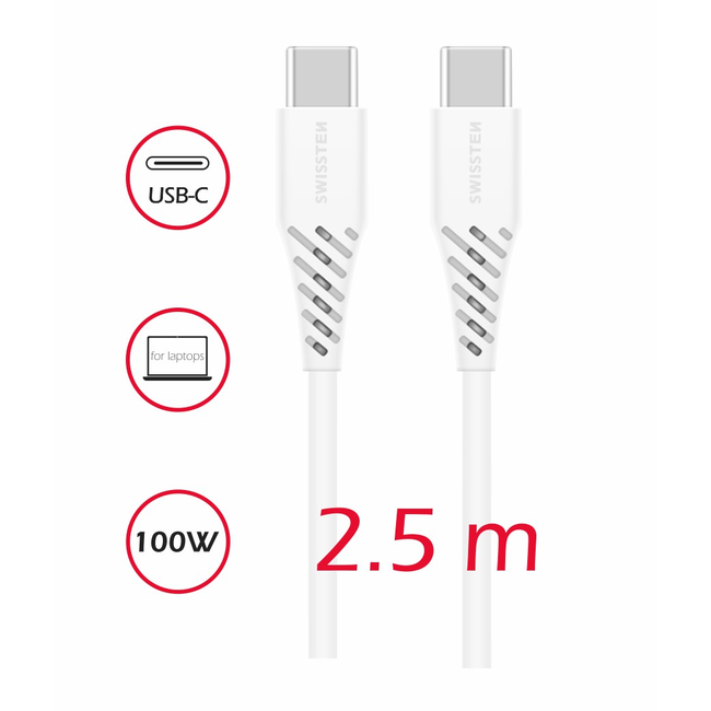 Swissten USB-C naar USB-C kabel - 2.5M - 100W - Wit