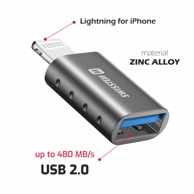 Swissten USB-A naar Lightning Adapter - Converter - Grijs
