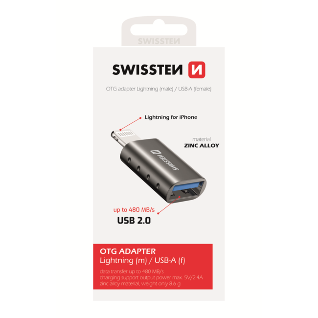 Swissten USB-A naar Lightning Adapter - Converter - Grijs