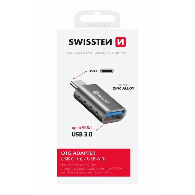 Swissten USB-A naar USB-C Adapter - Converter - Grijs