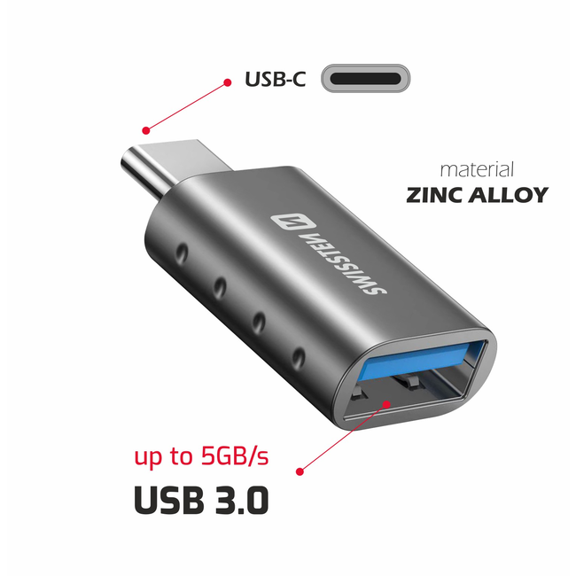 Swissten USB-A naar USB-C Adapter - Converter - Grijs