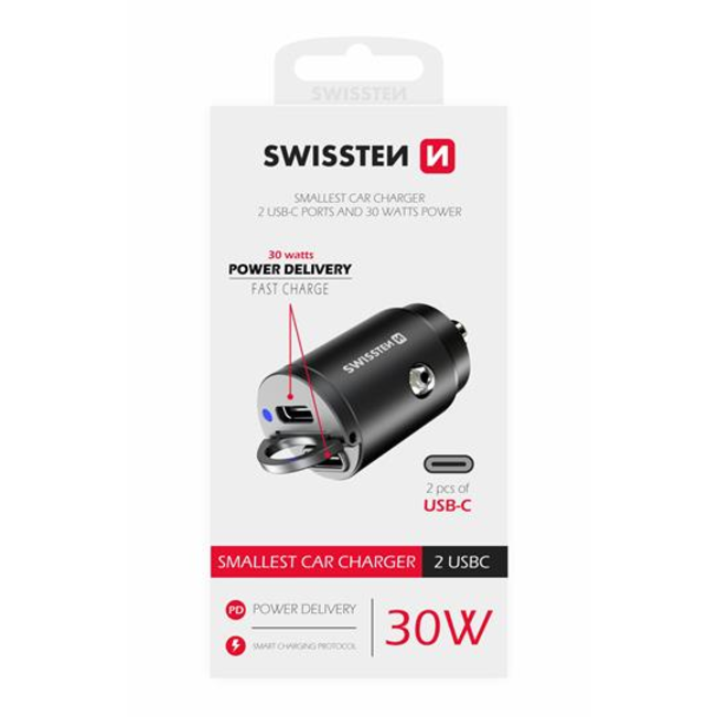 Swissten Autolader - 2 USB-C poorten - 30W - Zwart