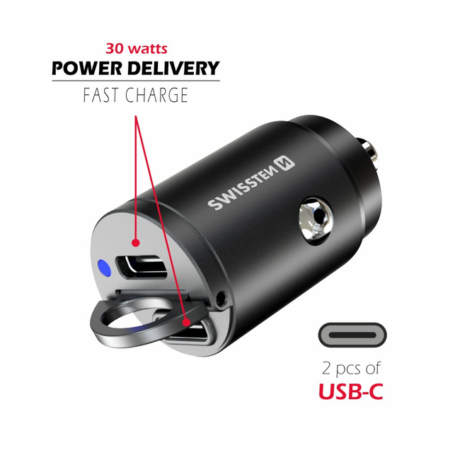 Swissten Autolader - 2 USB-C poorten - 30W - Zwart